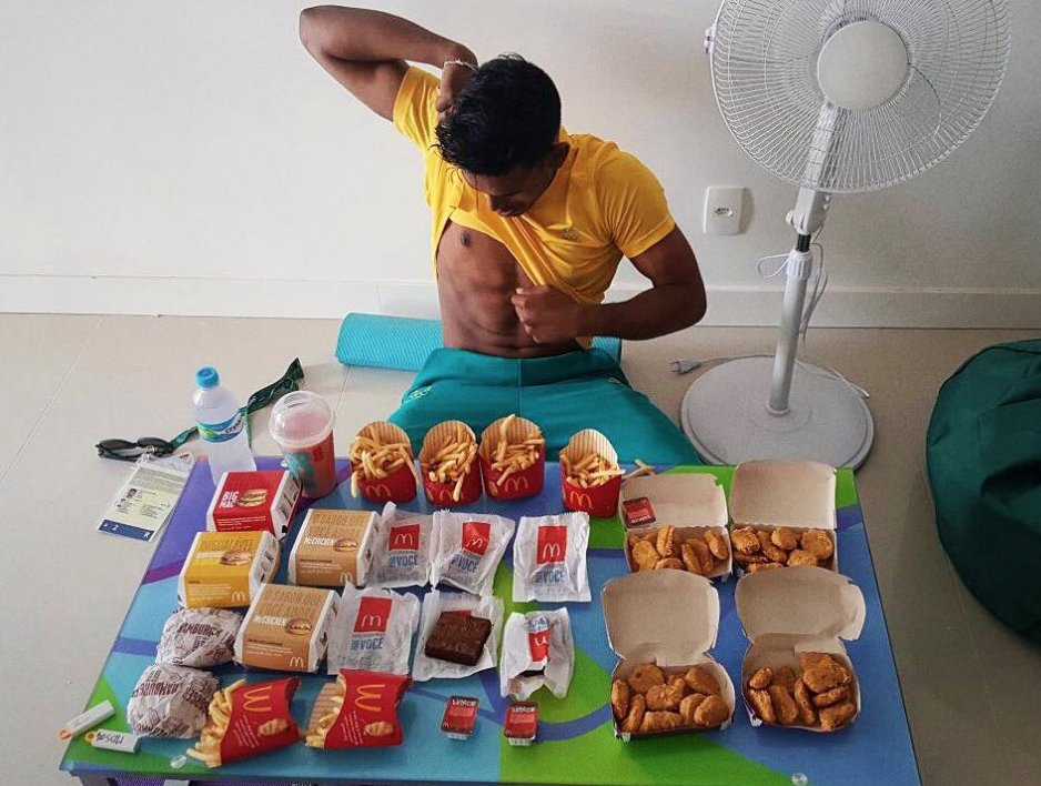 SportsCenter's tweet photo. Australian badminton player Sawan Serasinghe shared on Facebook his junk-food binge after his Olympics ended. https://t.co/R28EbRn1wR
