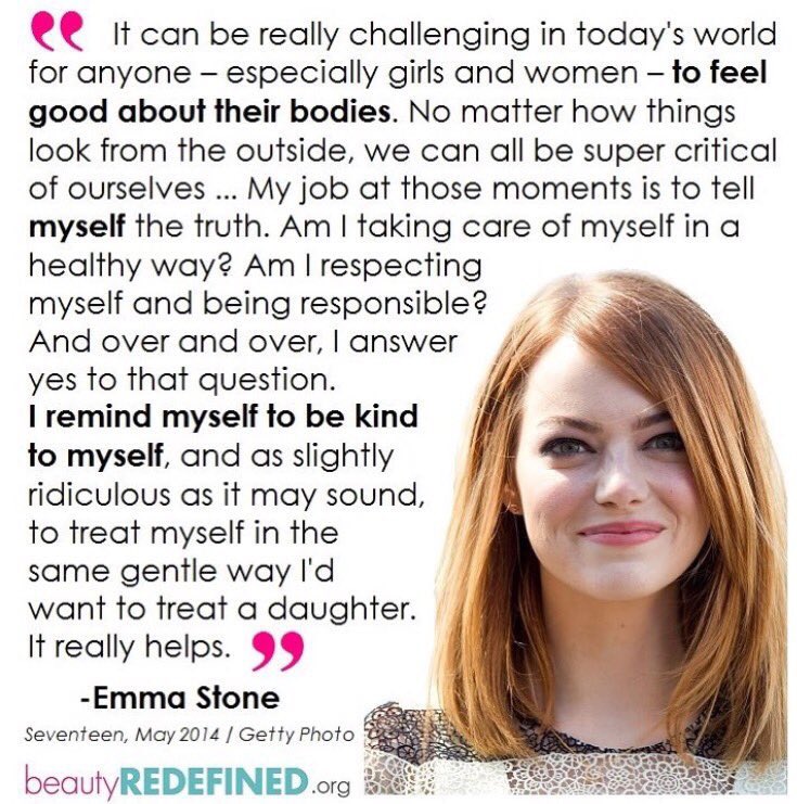 TakeBackBeauty's tweet photo. Let's take a cue from Emma Stone and show ourselves a little more compassion today 👌 #bodyimage #feminism https://t.co/ay366KpHfo