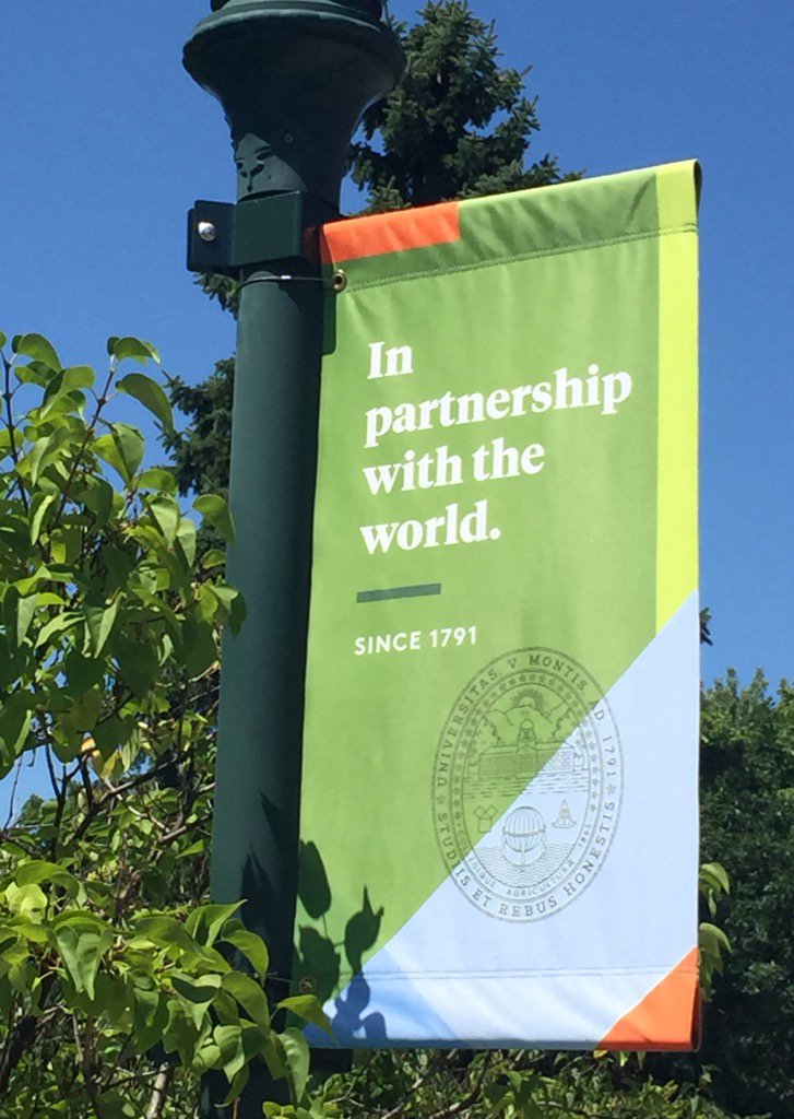 DavidRosowsky's tweet photo. Banners are up around campus to welcome everyone back in the coming weeks. #LookUp #UVM! https://t.co/JpRKGZV4Gb