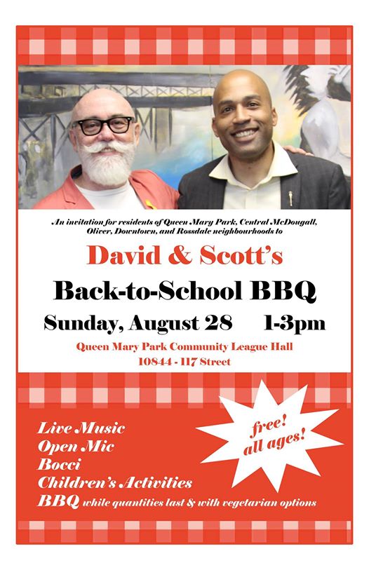 Join me &amp; <a href="/Scott_McKeen/">Scott McKeen</a> for a free BBQ w/ games &amp; live music! <a href="/QMPYEG/">Queen Mary Park CL</a> Comm. Hall, 1-3 PM, Sun Aug 28 #yegdt #ableg