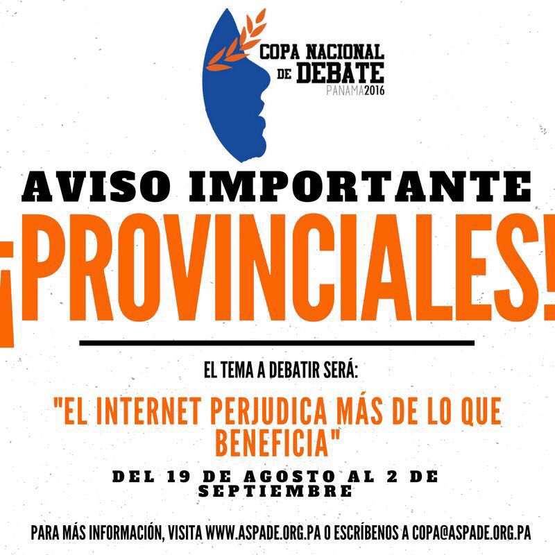 aspadepanama's tweet photo. ¡AVISO IMPORTANTE! ¡La primera fase de la Copa Nacional de Debate está a punto de empezar! #UnPanamaQueDebate https://t.co/cdbXbZ8rj5