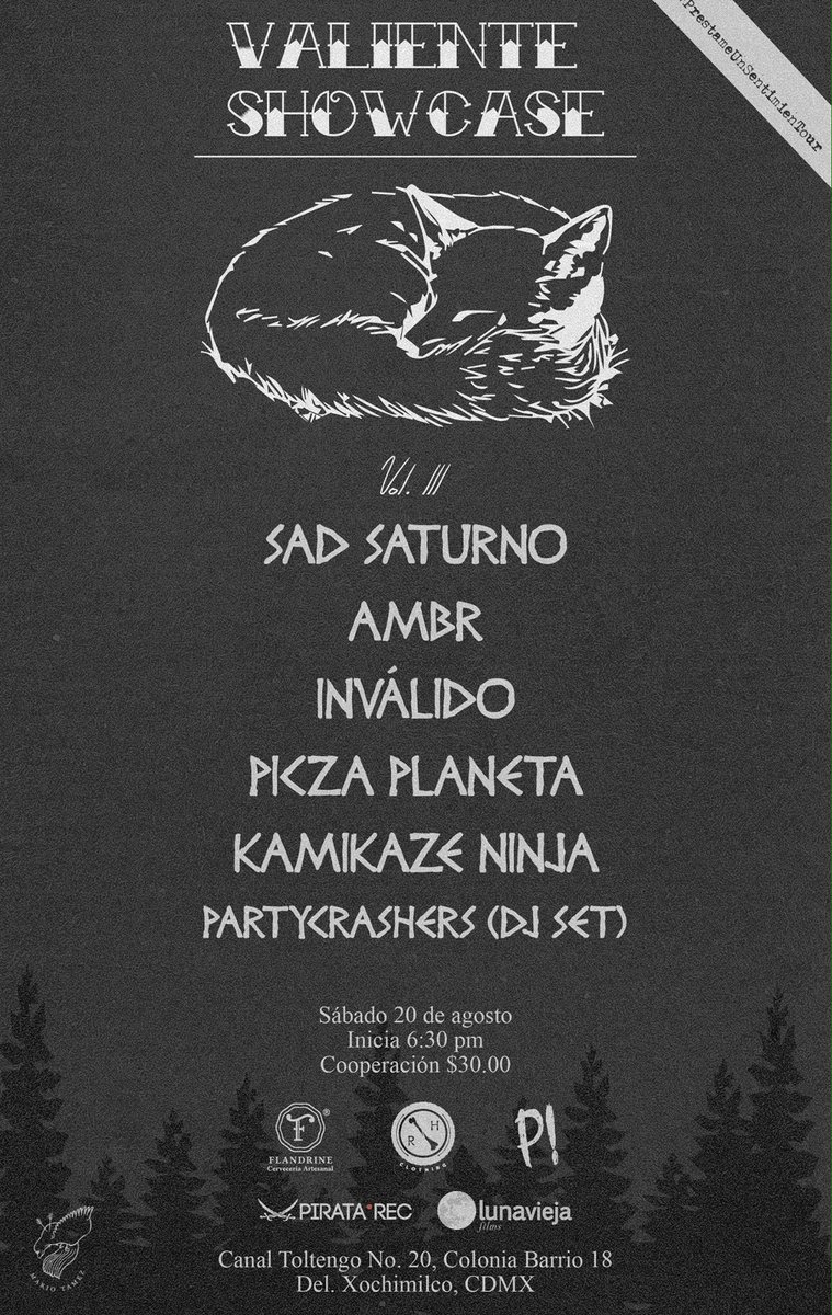 Punkeandoo's tweet photo. VALIENTE SHOWCASE || Agosto 20 Xochimilco 6:30 $30 || @sad_saturno + @invalidomx + Kamikaze Ninja + AMBR y más... https://t.co/hude00BHjb