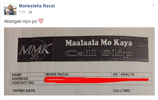 senyoramaris's tweet photo. Maalaala Mo Kaya Call Slip ❤ @MissMarisRacal as Analyn SOON! https://t.co/ObmloJqaz1