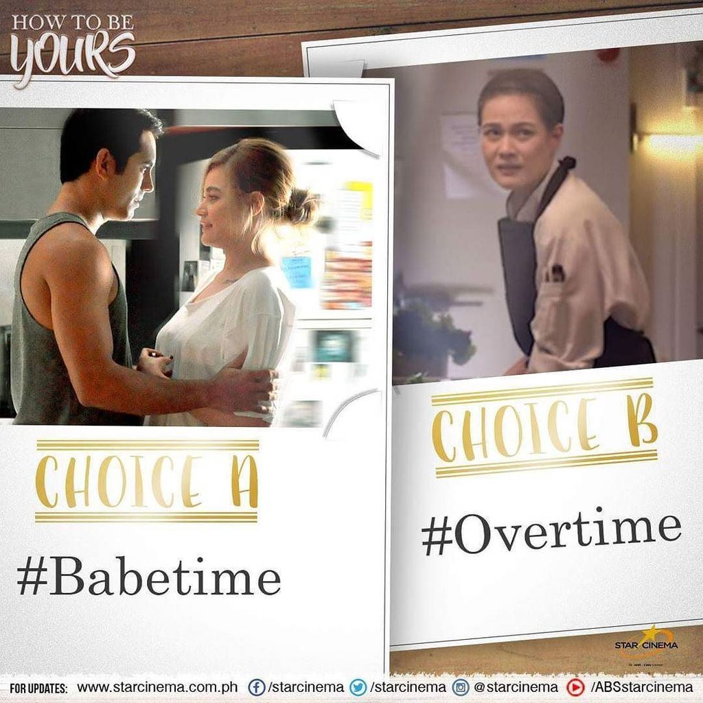 StarCinema's tweet photo. Ikaw, #BabeTime o #Overtime? #HowToBeYours #HowToBeYours3rdBlockbusterWeek https://t.co/ybLzOwIhXT