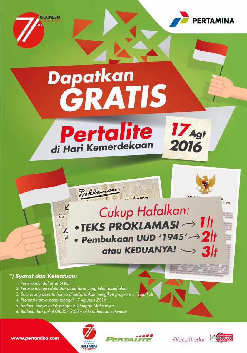 Yuk sobat, Meriahkan HUT Kemerdekaan RI ke-71 dgn Pertalite Gratis  goo.gl/7Q5bi2 #RaiseTheBar
