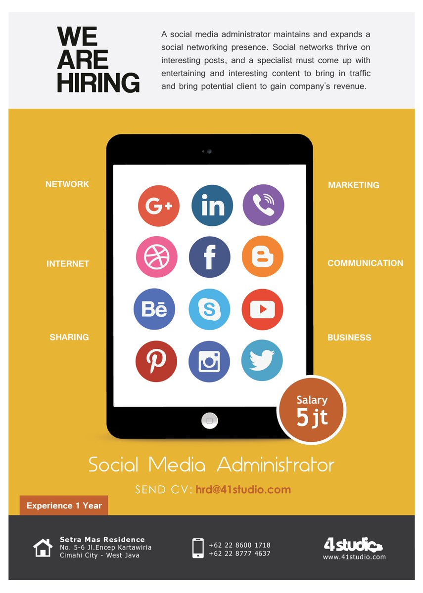 41studio's tweet photo. 41studio Hiring!
Looking for Social Media Administrator to join our team.
Are you the one?
#lokerbdg #jobsbdg https://t.co/bO81crC1nB