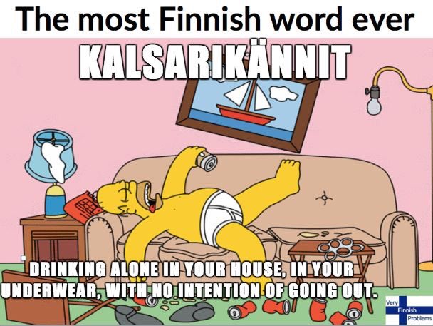 【最もフィンランドらしい単語】
KALSARIKÄNNIT(カルサリキャンニト)=外にも出ず、1人下着姿でお酒を飲む事。そう、その状態を表すだけの為に、この単語は存在している……
#みんなでフィンランド語 