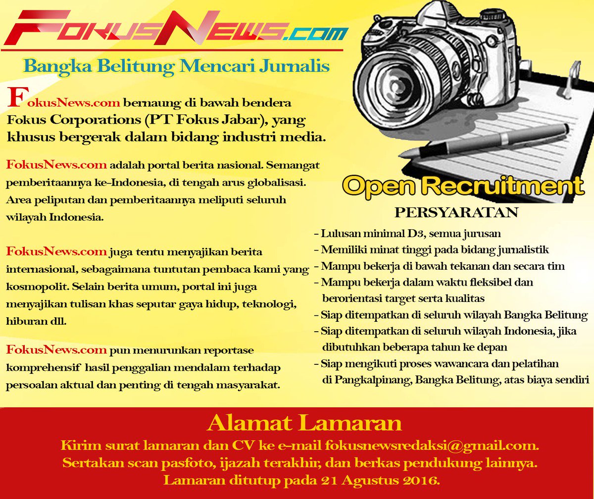 KAMI MENCARI JURNALIS UTK WILAYAH BANGKA BELITUNG #LowinganKerja #JurnalisHebat