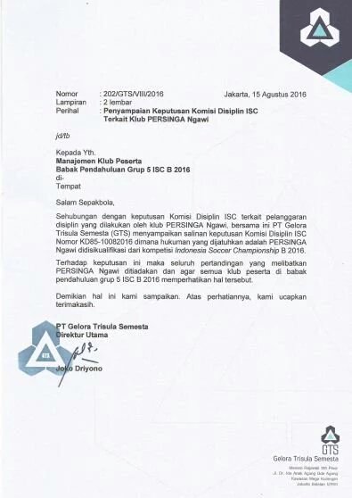Persinga Ngawi didiskualifikasi dari ISC B karena insiden pengeroyokan Asisten Wasit saat melawan PSS Sleman.