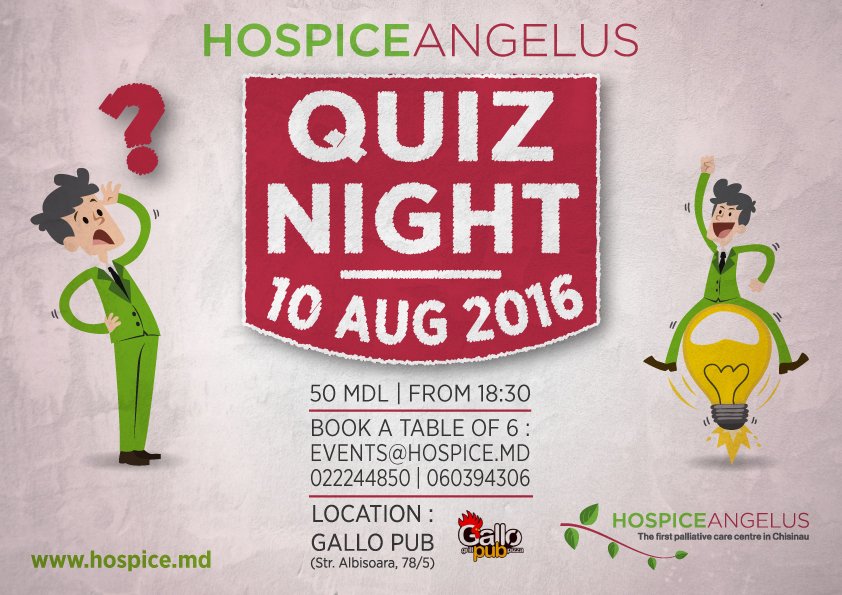 HospiceAngelusM's tweet photo. Are you in #Chisinau, #Moldova, on the 10th of August? Join our #charity Quiz Night! From 6.30pm at Gallo Pub! https://t.co/9pXD0MVr2U