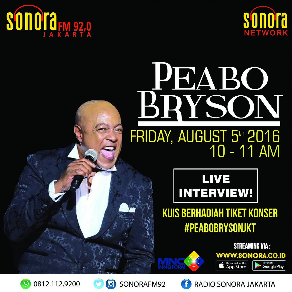 SonoraFM92's tweet photo. Jgn kemana2 ..sesaat ngobrol brg @PeaboBryson2 jam 10-11AM di #SonoraNetwork @MNC_Innoform 
 #PeaboBrysonJKT https://t.co/oTdh9c8Vzr