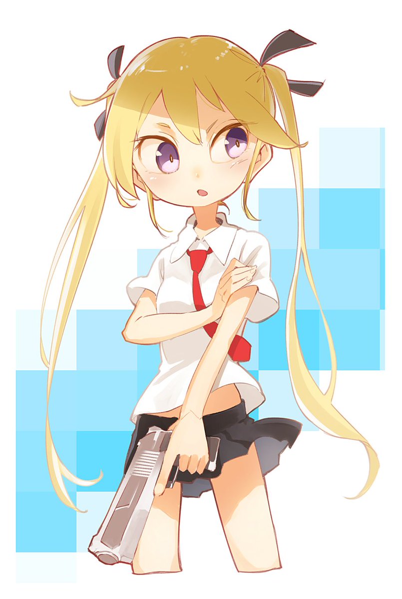 sonya (kill me baby) 1girl solo twintails necktie weapon blonde hair skirt  illustration images