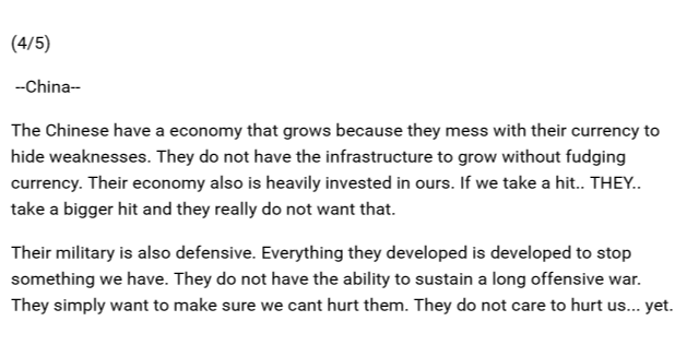 defofsarcasm's tweet photo. (4/5) --China--The Chinese have a economy that grows because they mess with their currency to hide weaknesses... https://t.co/SjLhckmxfy