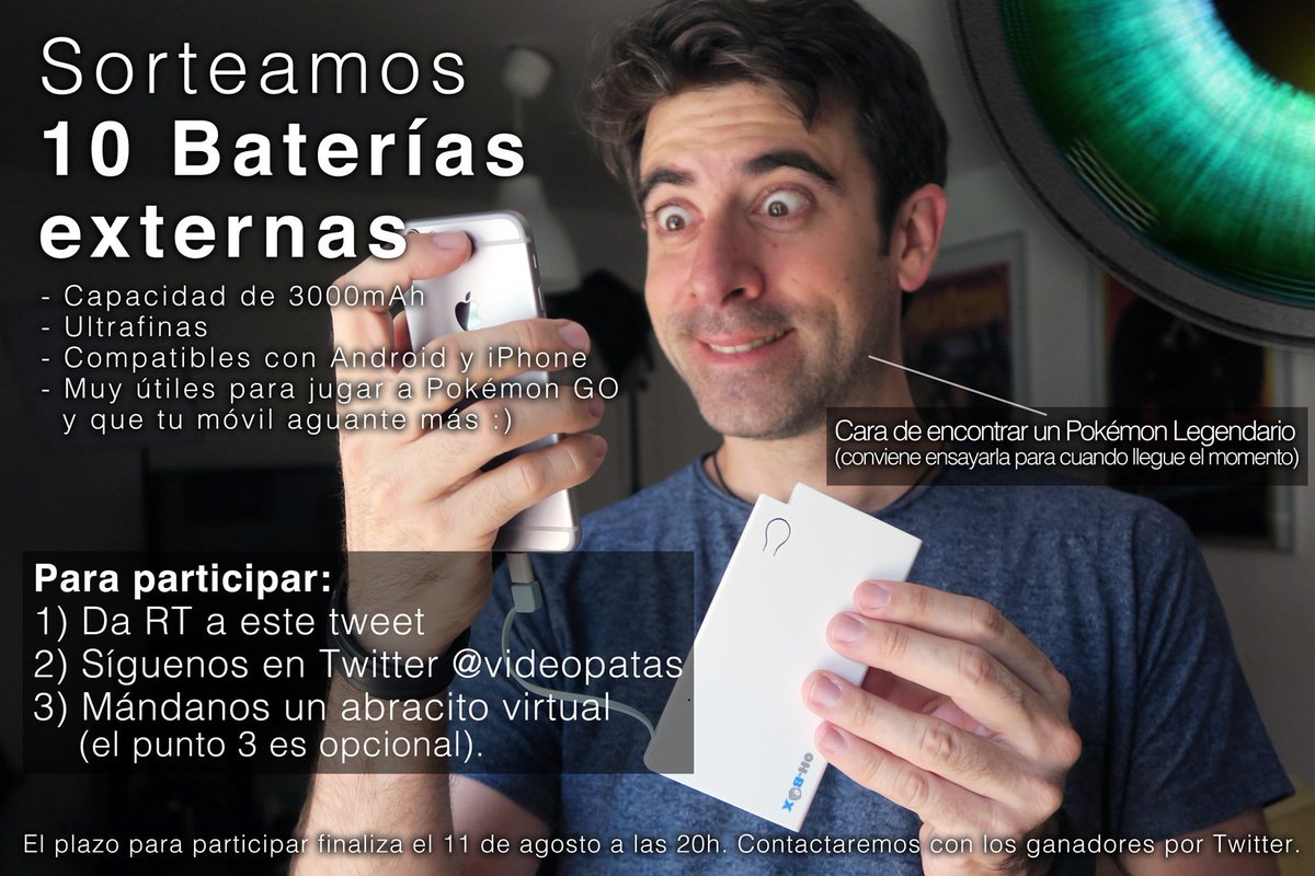 Videopatas's tweet image. Sorteamos 10 BATERÍAS EXTERNAS. 
Para participar:
1) Da RT a este tweet
2) Síguenos en Twitter @videopatas
GO GO GO!