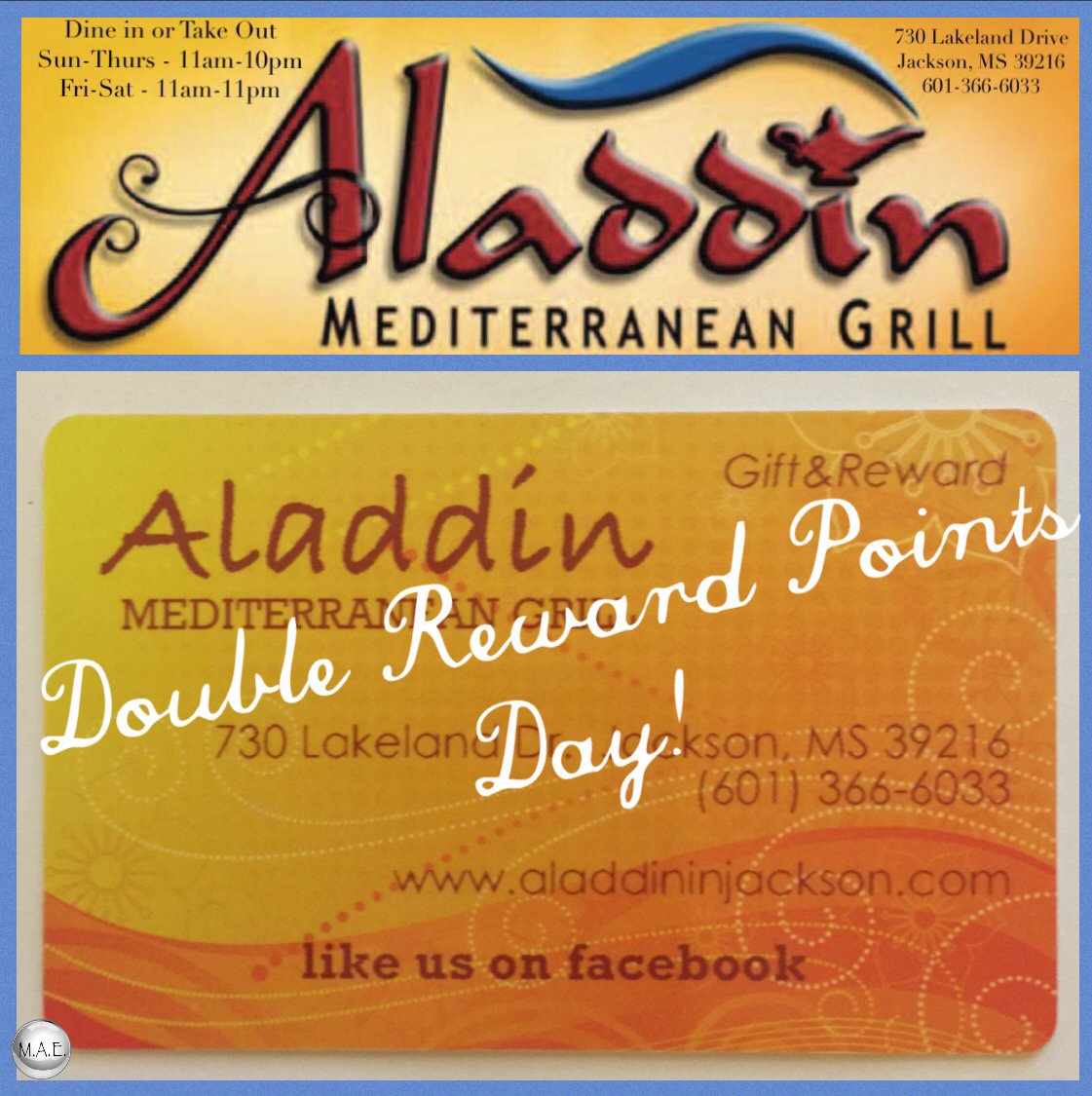 AladdinGrill's tweet photo. Double Reward Points for Fondren First Thursday!!!
#AladdinGrill #DoubleRewardPoints #FondrenFirstThursday https://t.co/vp4tiNgNQ3
