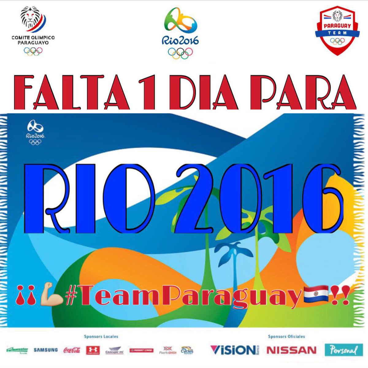 coparaguay's tweet photo. 🇵🇾 #TeamParaguay

⏳A solo 1️⃣ día para los @juegosolimpicos @Rio2016🇧🇷‼️

🏅 🏃🏻 🎾  🏊🏻  🚣🏻  🎯🔫  ⛳️🏌 🏓

💪🏼🔴⚪️🔵👏🏼 #PAR https://t.co/mn3oBrzBAS