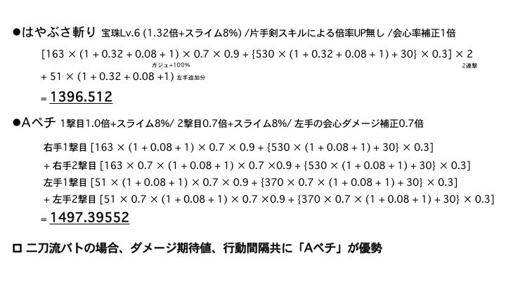 きゅう バトマスのはやぶさ斬りとaペチ ガジェット上でのダメージ期待値比較 二刀流バトマスの場合 やはりaペチの方が強い 左手が会心じゃない場合でもaペチの方が強いはず