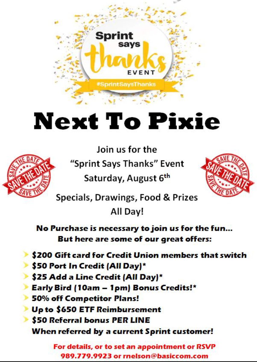 BasicMtp's tweet photo. HUGE event Saturday! Come for the fun and prizes... And SAVE MONEY! #SprintSaysThanks #NextToPixie @BasicPCS https://t.co/82Js01hlFG