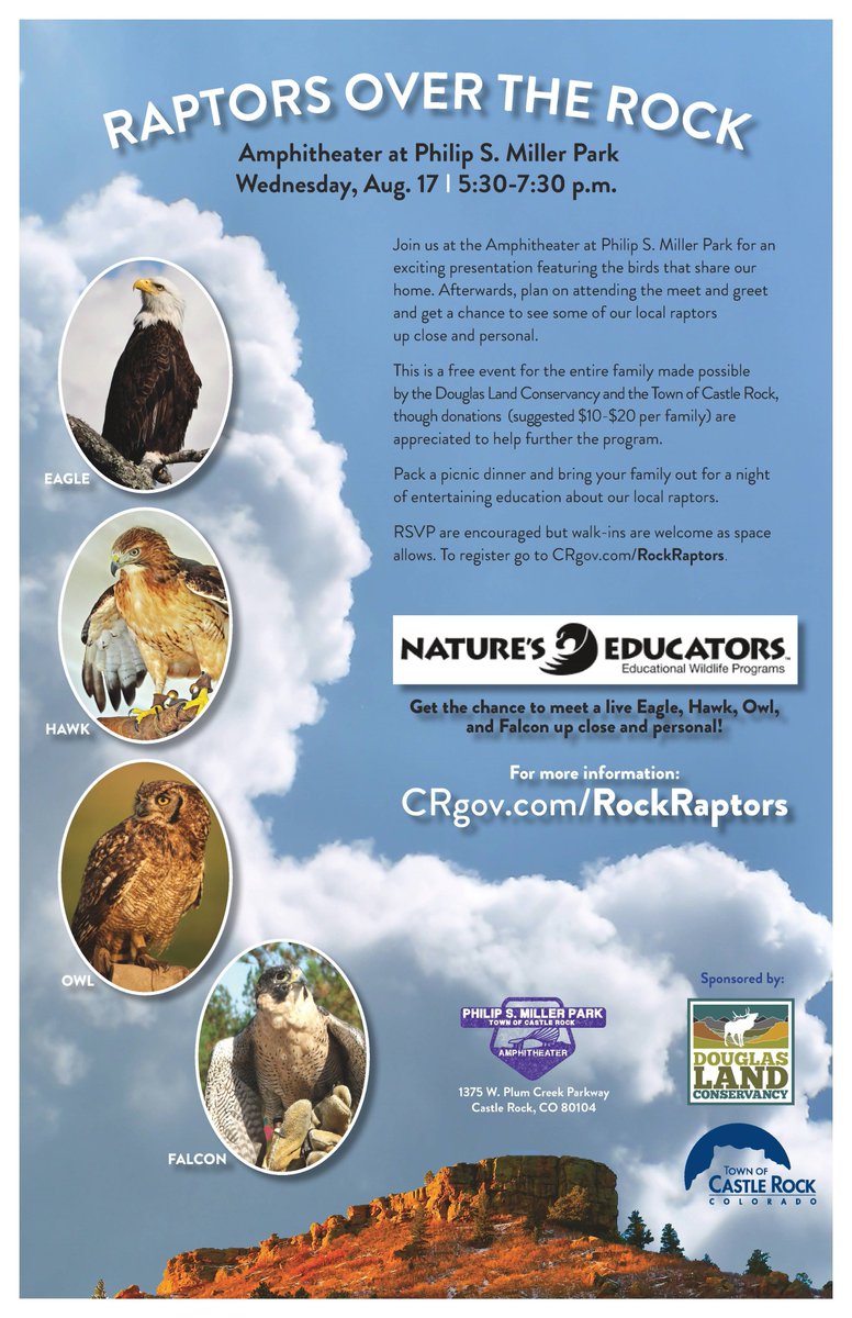 DLConservancy's tweet photo. Join DLC and the Town of Castle Rock for Raptors Over The Rock on August 17th! #psmpark #CastleRockCO https://t.co/DTNrRQmeje