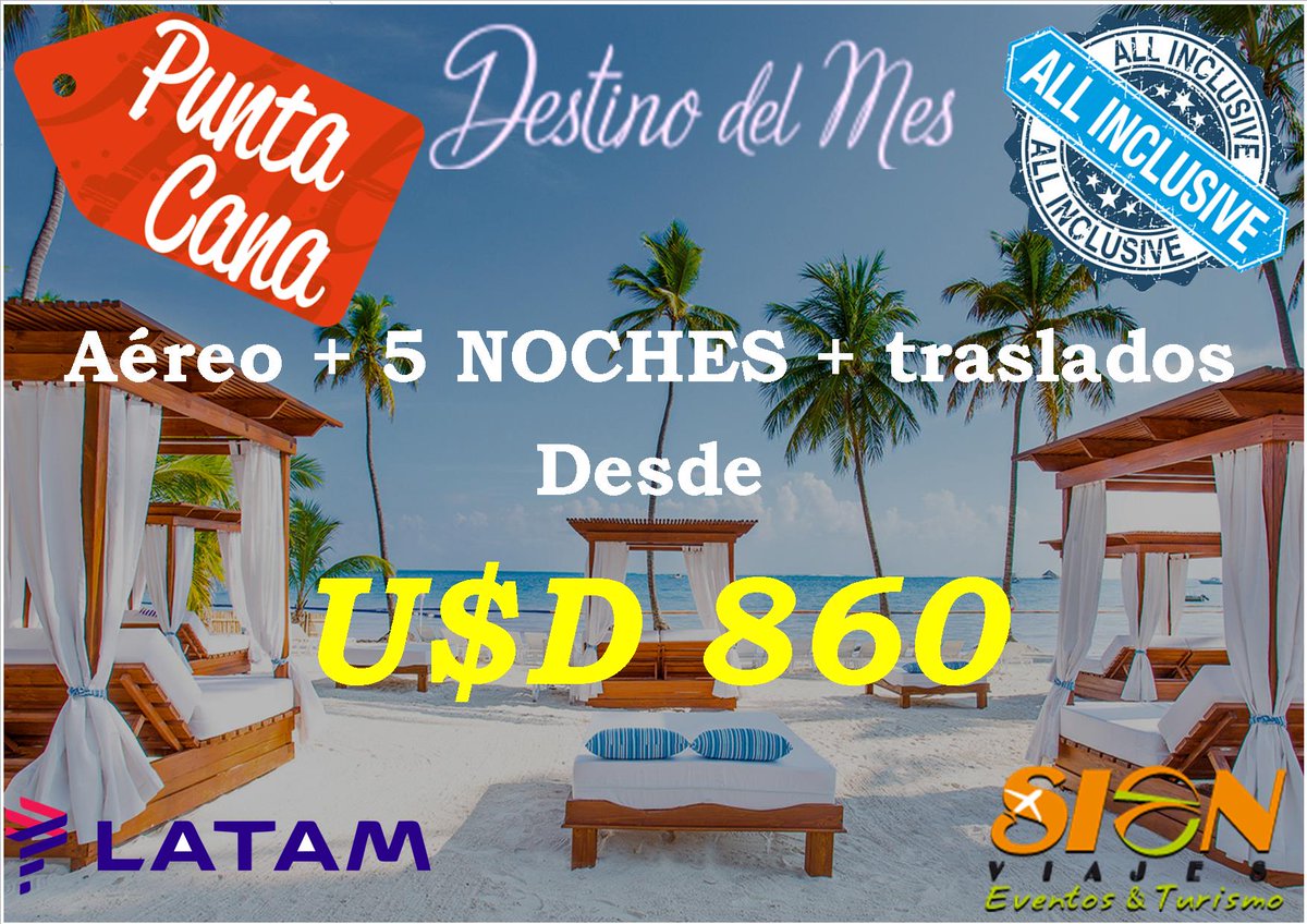 SIONVIAJES's tweet photo. #Promoción PUNTA CANA TODO INCLUIDO..!! 🌴☀🌊
Tel..: 061 508 365
#SionViajes #TeLlevaSiempre #Turismo https://t.co/94zddULpCu