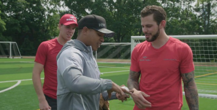 VICESports's tweet photo. Watch @MStrooo6 show @cmcdavid97, @tseguinofficial, and @22wiggins how to throw: https://t.co/huxKipif9y https://t.co/hviVku4msJ