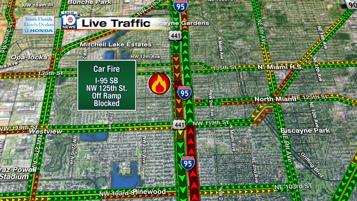 CAR FIRE: I-95 SB off-ramp at NW 125th St. Expect heavy delays. #TRAFFIC https://t.co/SI1C5t6vu0