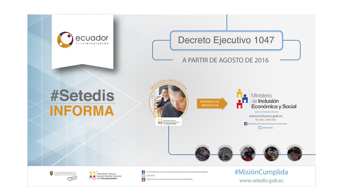 SETEDIS's tweet photo. #Setedis INFORMA, a partir de agosto #InclusiónParticipativa brindará sus servicios en @InclusionEc #MisiónCumplida https://t.co/YFXqKc2XTj