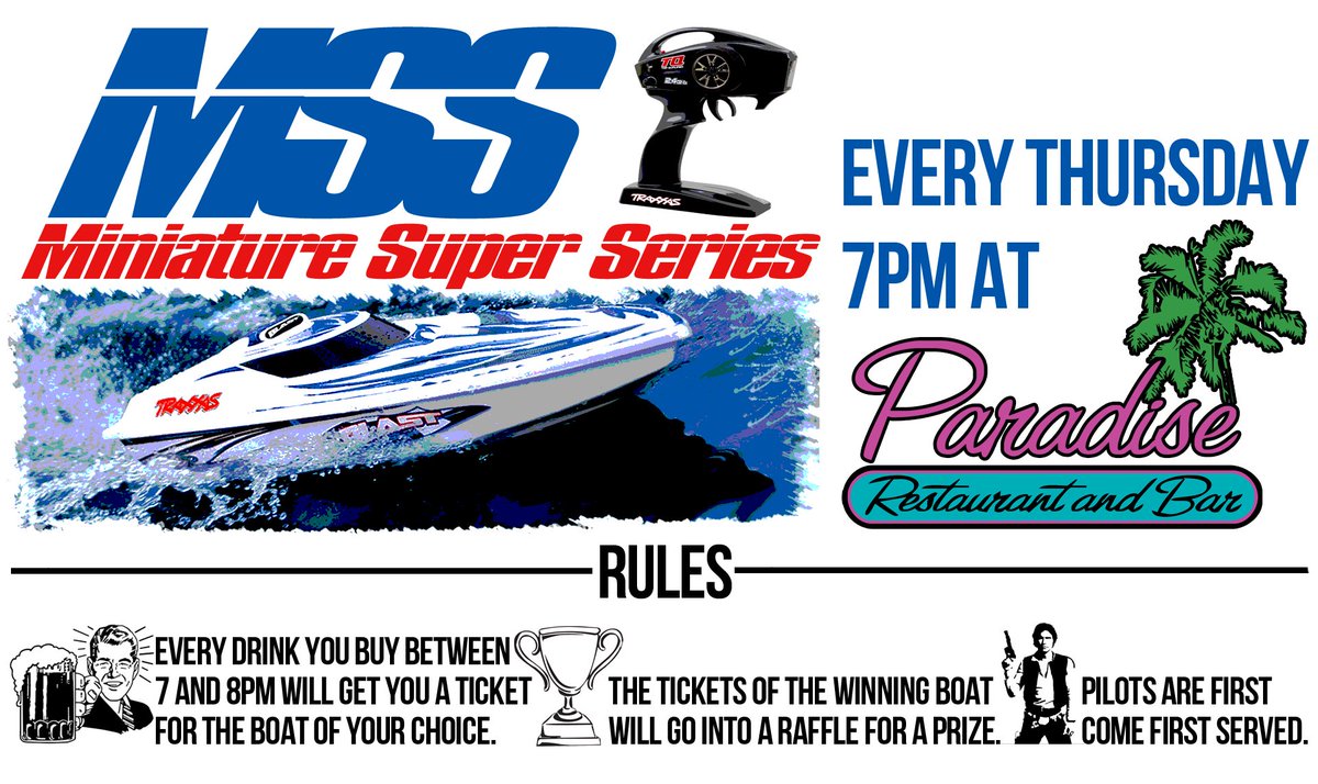 Paradise_Bar24's tweet photo. Our Miniature Super Series is back again tonight! Come buy some drinks and see who will win the race tonight! 🍻🚤🌊 https://t.co/B8xw6kOwJx