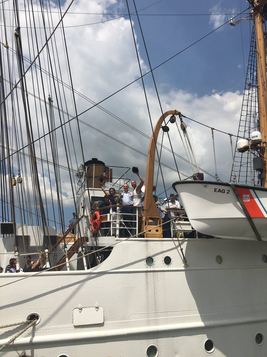 IntrepidMuseum's tweet photo. Happy Birthday, @USCG! The barque Eagle has arrived at our pier with @HamiltonMusical cast members. #cheersUSCG https://t.co/QoEFWIvWGe