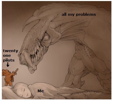 GrownUpClique's tweet photo. How @twentyonepilots makes me feel

ps I couldnt find the original artist anywhere to credit, I just added the text https://t.co/3y0zb2YvLv