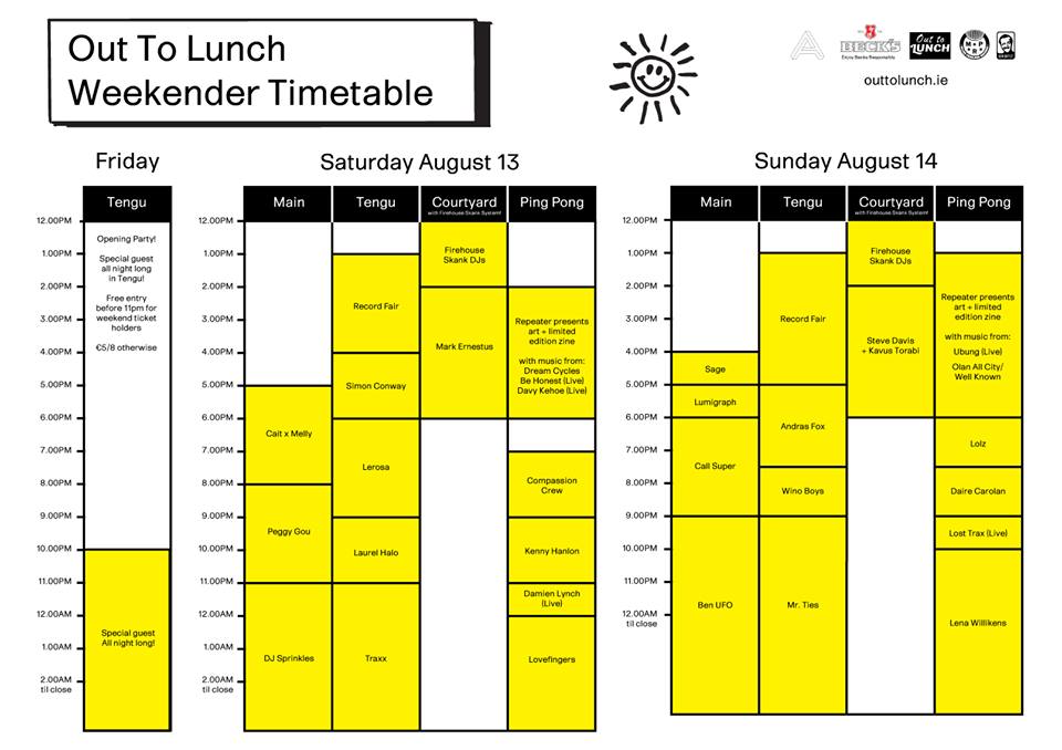 Con_Artistes's tweet photo. #OutToLunch weekend timetable released @Apartment_rec @lerosa_ie @loomingrass @baptothefuture @YamamoriDublin https://t.co/tMSWew9rLT