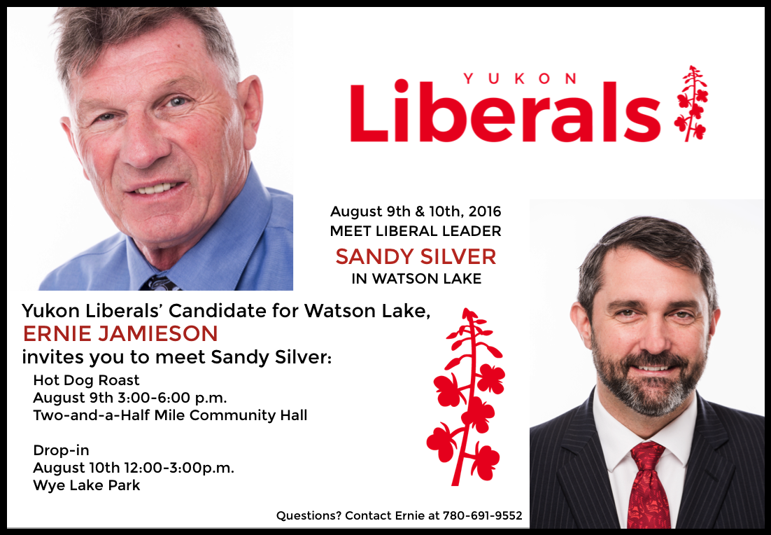 YukonLiberal's tweet photo. Ernie Jamieson will host Sandy in #WatsonLake Aug 9-10! Come out and chat. #YTpoli #WheresSandy #BeHeard https://t.co/O4HAbWpdX8