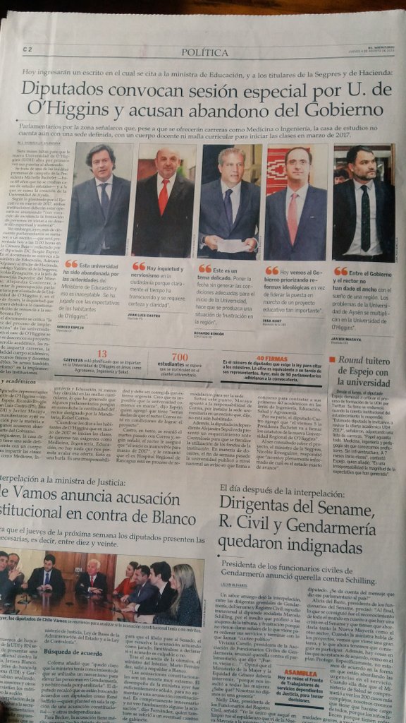 USextaSur's tweet photo. Página C-2 diario El Mercurio: "Diputados convocan sesión especial por U.O'Higgins y acusan abandono del Gobierno" https://t.co/gEzSncJPRg