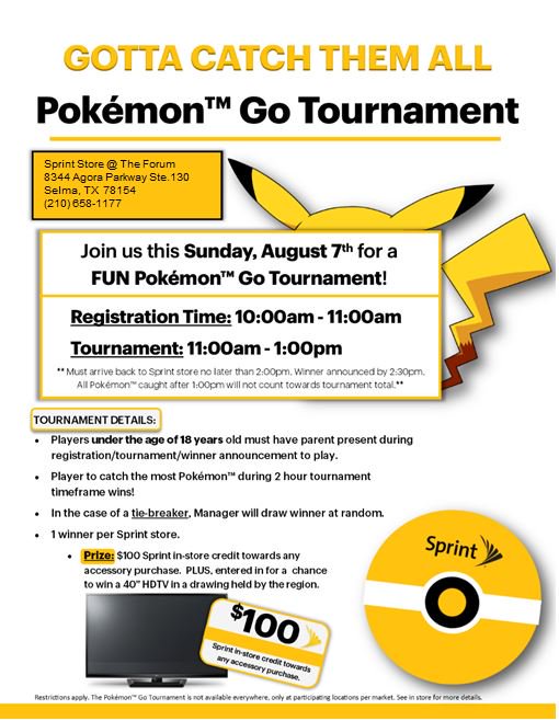 Join us on Sunday, August 7th for a Pokémon Go! Tournament here at the Forum Sprint Store!!! @sprint <a href="/PokemonGoApp/">Pokémon GO</a>