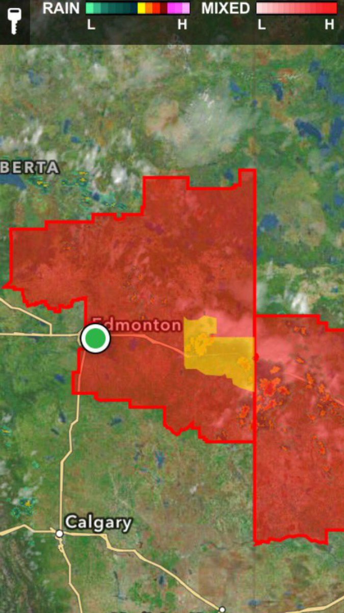 WARNING: Areas in RED WILL produce HIGH WINDS, DEVASTATING HAIL and 30-50mm of HEAVY RAIN #yegtraffic #yegwx #yeg
