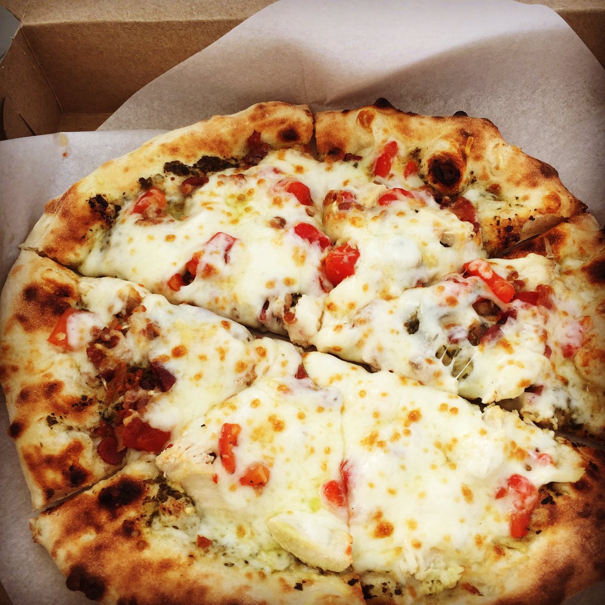 ewfmobilepizza's tweet photo. Pizza of the week: chicken pesto v. 2.0.  Upgraded version of our regular pesto, with bacon and roasted red peppers https://t.co/WbHFecfCUg
