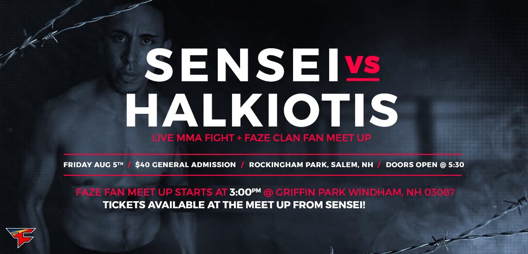 FaZeClan's tweet image. FaZe Fitness's own Sensei is taking an MMA Fight tomorrow &amp;amp; we're having a meetup to celebrate! Here's the details: