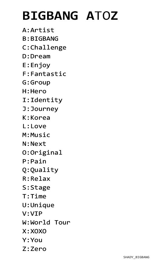 Bigbang Facts Bigbang Atoz The Exhibition A Artist D Dream H Hero L Love M Music O Original P Pain Q Quality U Unique V Vip Z Zero