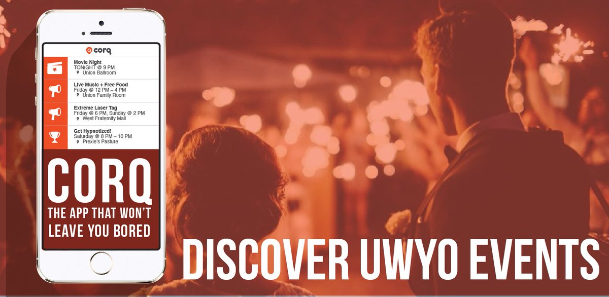 7220Entertain's tweet photo. UW STUDENTS: Have you heard about #Corq? It's the app that lets you know what's happening on campus. #uwyo https://t.co/0NC0IKwnEn