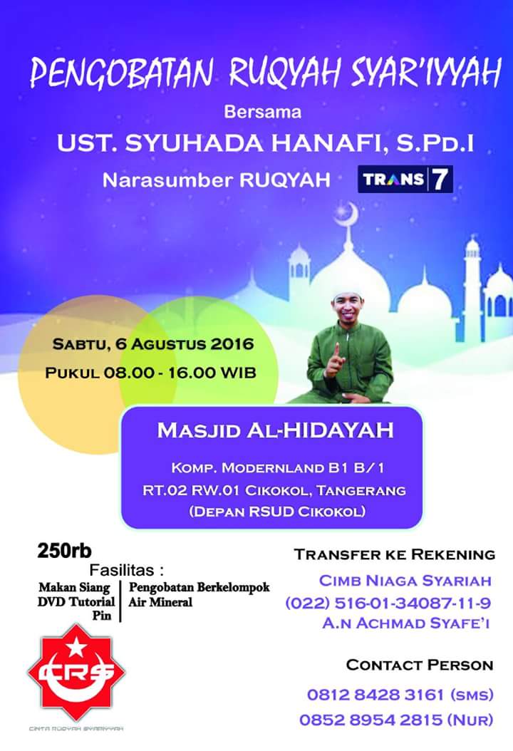 TerapiQurani's tweet photo. Pengobatan Ruqyah Syar'iyyah @Masjid Al-Hidayah Komp.Modernland Cikokol Tangerang
Info :
087782230999 PIN 55003D5B https://t.co/8LBhGpgQrV