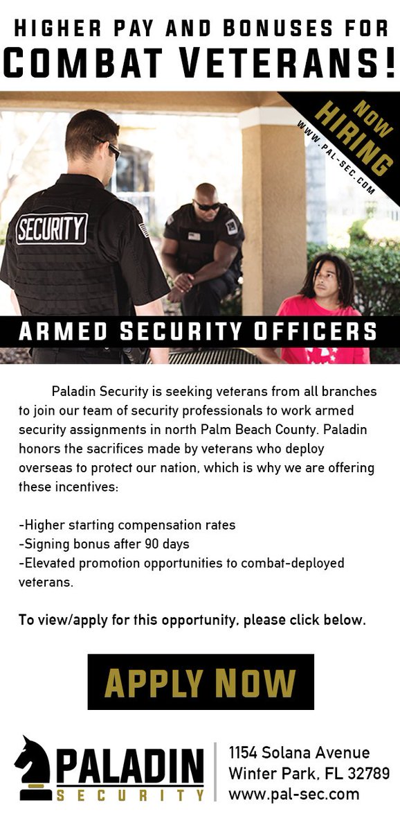 Paladin Security is seeking candidates for immediate openings for armed security officers in Palm Beach County, FL