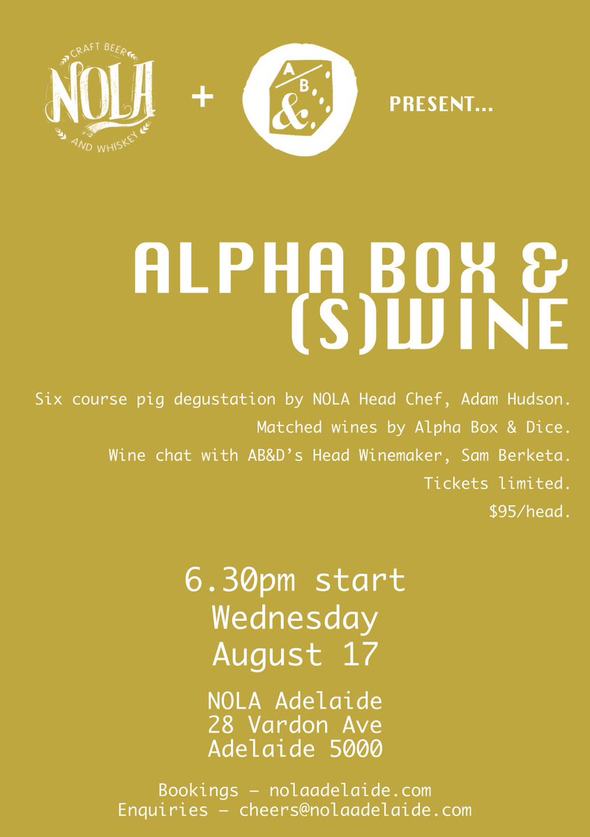 AlphaBoxDice's tweet photo. @NOLAAdelaide six-course #pig #degustation + AB&amp;D #wine. Only 30 seats avail. Book now - https://t.co/fnlGUIssTS https://t.co/ssfJ64oNbD