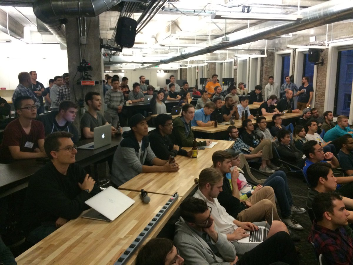 Dire_Parakeet's tweet photo. At capacity crowd for @rLoopTeam's presentation at the inaugural #hackAR meetup at @HackReactor! https://t.co/kgcFZ8TUiN