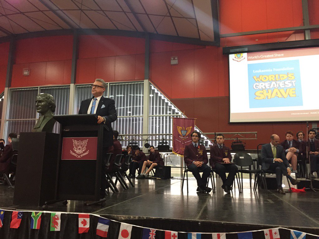Marcellin's tweet photo. Deputy Principal Adriano Di Prato affirms our community for its support of Pan & the World's Greatest Shave. #Marist https://t.co/5w8VGDC8hB