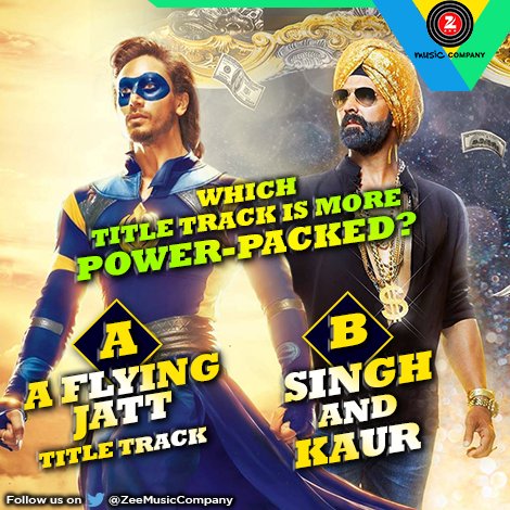 ZeeMusicCompany's tweet photo. Which title track feat. @raftaarmusic did you enjoy more? 
#AFJTitleTrack @iTIGERSHROFF
#SinghAndKaur @akshaykumar https://t.co/f6motGjWSF