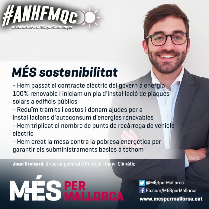 MESperMallorca's tweet photo. MÉS i MÉS passes per arribar a la plena sostenibilitat. Repassam feina feta amb @joan_gp #anhfmqc 1r any de govern https://t.co/p8csFqsFOC