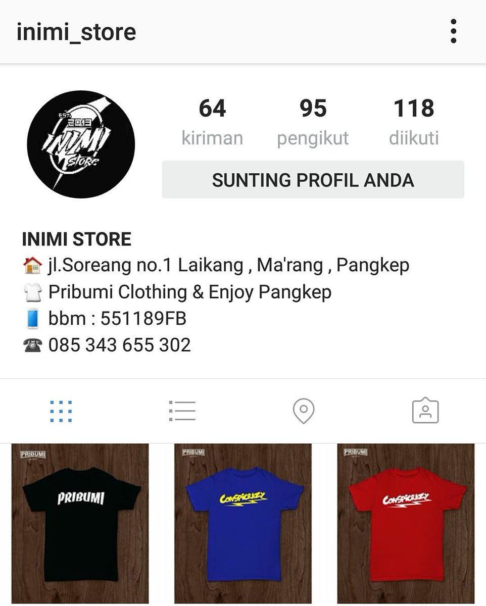 Tabe', bole di follow (@inimi_store) official store nya kita, ada brand <a href="/PRBM_cloth/">Pribumi Clothing</a> &amp; <a href="/Enjoy_Pangkep/">Kaos Enjoy Pangkep</a> , thanks.