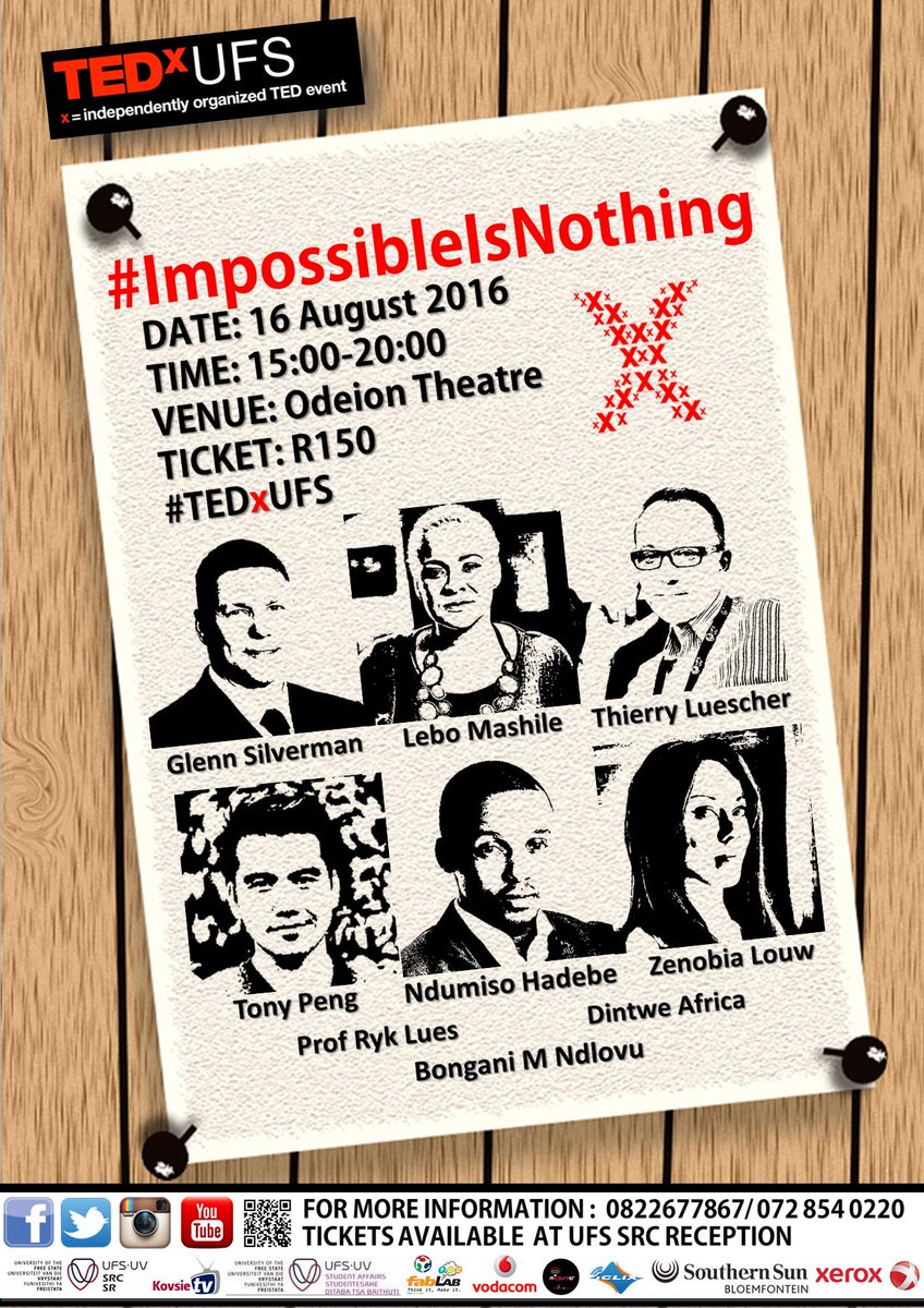 TEDxUFS's tweet photo. Ladies and Gentlemen. 11 days to go before #TEDxUFS #ImpossibleIsNothing .
Make sure you've got your ticket https://t.co/aR5KkrV7zk