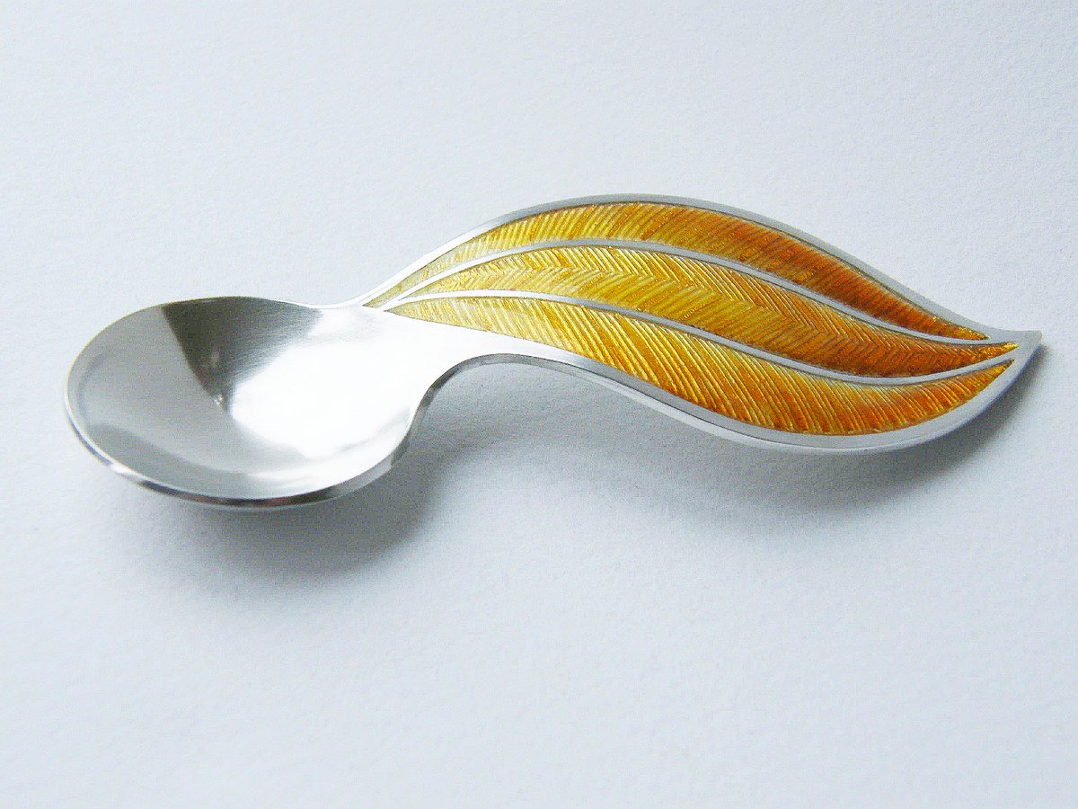 A recent spoon commissions 2016  ~ feather leaf design in a gold colorway #goldsmithsfair16  #silver #enamel