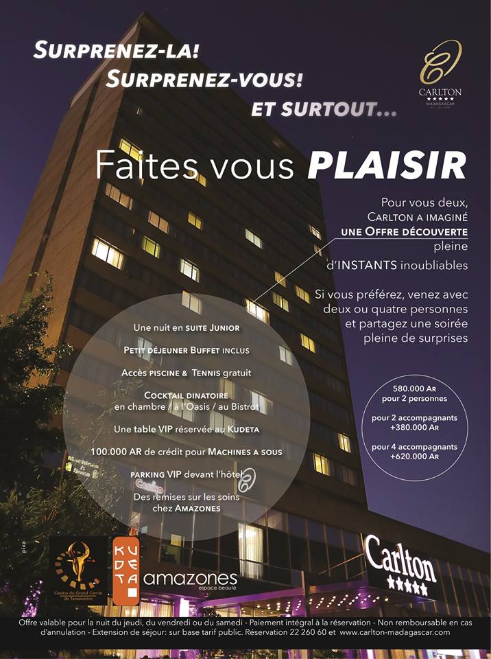 CarltonMdg's tweet image. Passez une soirée inoubliable grâce à notre nouveau pack A la découverte de @Carlton_Tana 
#FunTimeMemories